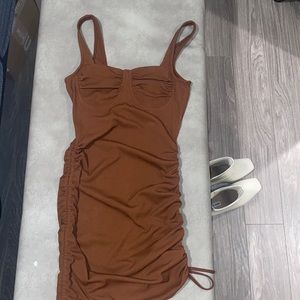 JOA chocolate brown corset ruche side mini dress